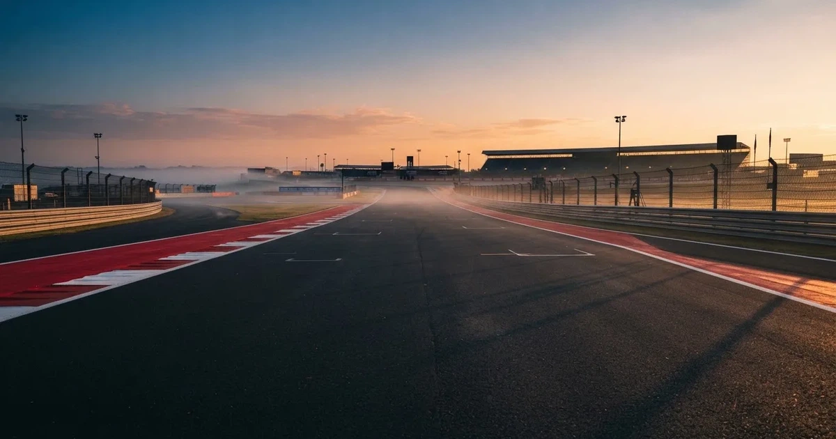 Eine leere Rennstrecke mit rot-weißen Randsteinen im frühen Morgenlicht, auf dem Asphalt liegt dünner Nebel, keine Fahrzeuge.