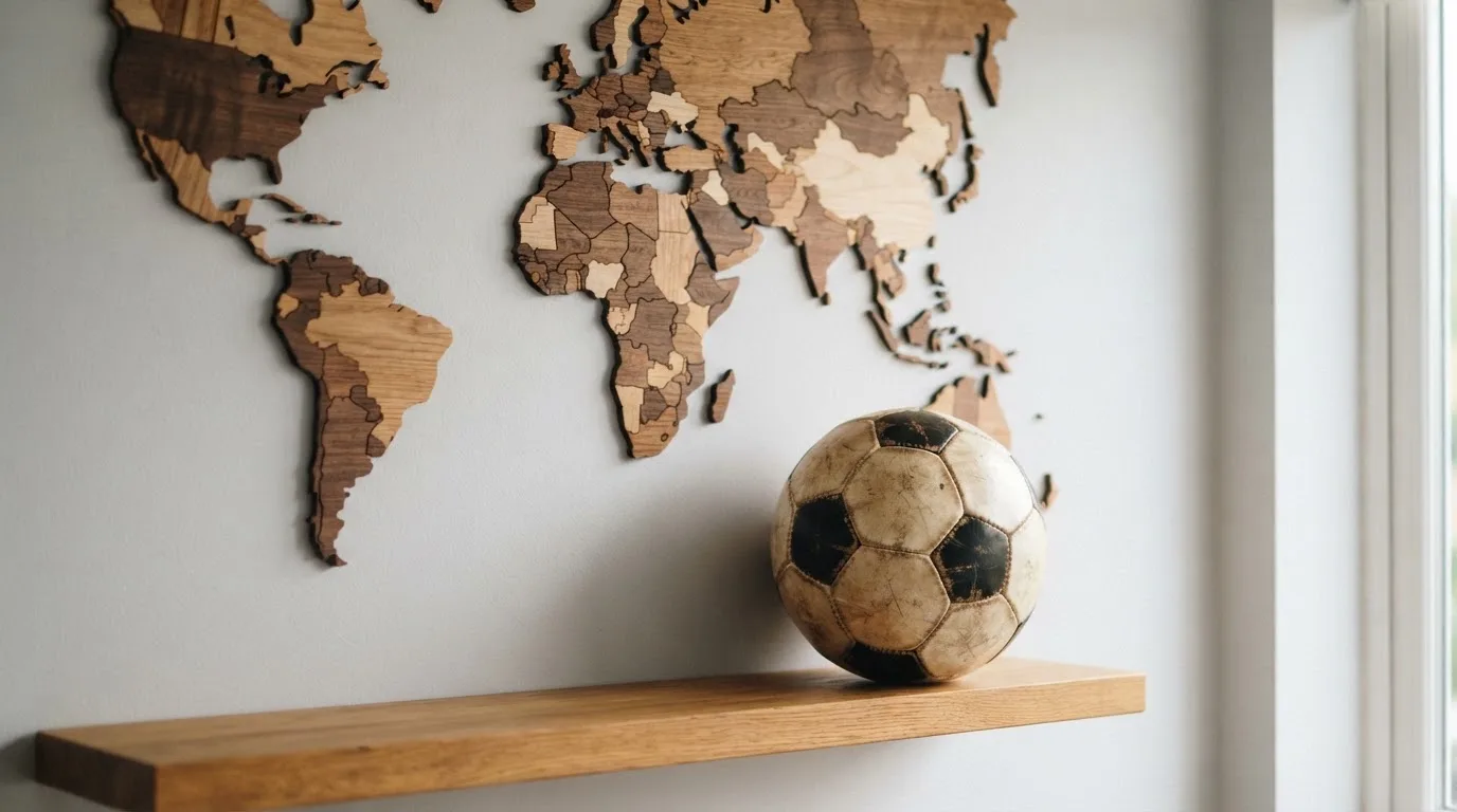 Eine Weltkarte aus Holz hängt an einer Wand, davor liegt ein Fußball auf einem Regal, ohne erkennbare Beschriftung.