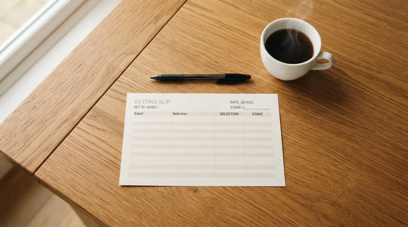 Ein leerer Wettschein aus Papier liegt neben einem Kugelschreiber und einer Tasse Kaffee auf einem Holztisch, Aufnahme von oben.