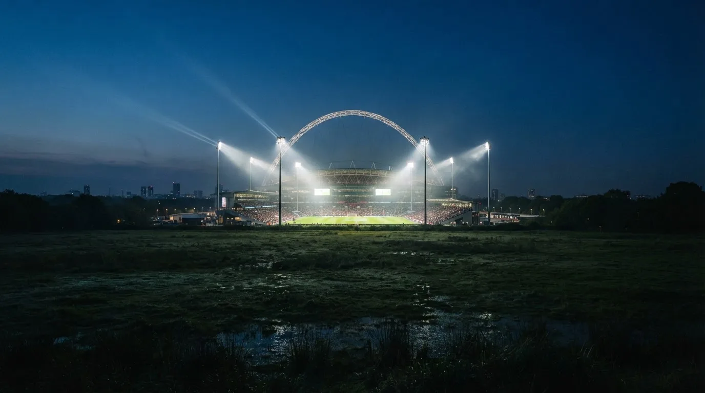 Ein großes Stadion unter Flutlicht, aus der Ferne über eine dunkle Wiese gesehen, die Lichtmasten spiegeln sich im Dunst der Abenddämmerung.