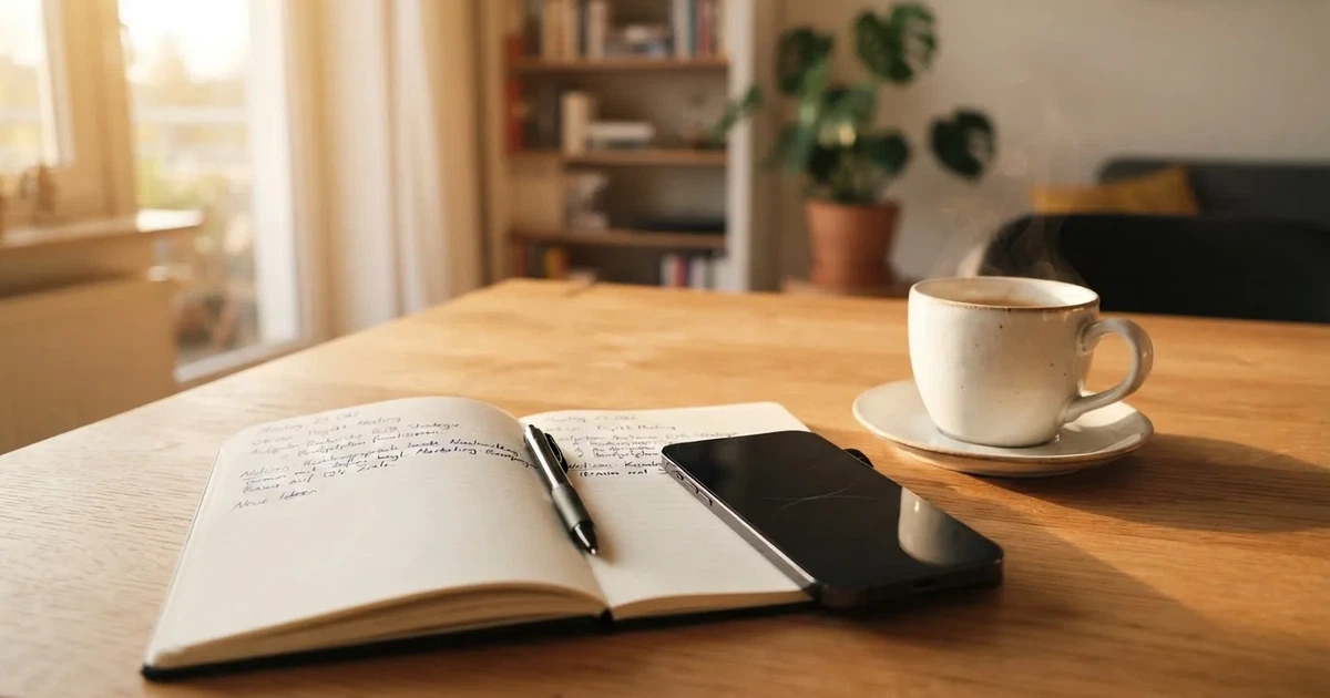 Ein Smartphone mit dunklem Display liegt neben einem Notizbuch mit handschriftlichen Notizen auf einem hellen Holztisch, daneben eine Tasse Kaffee im Morgenlicht.
