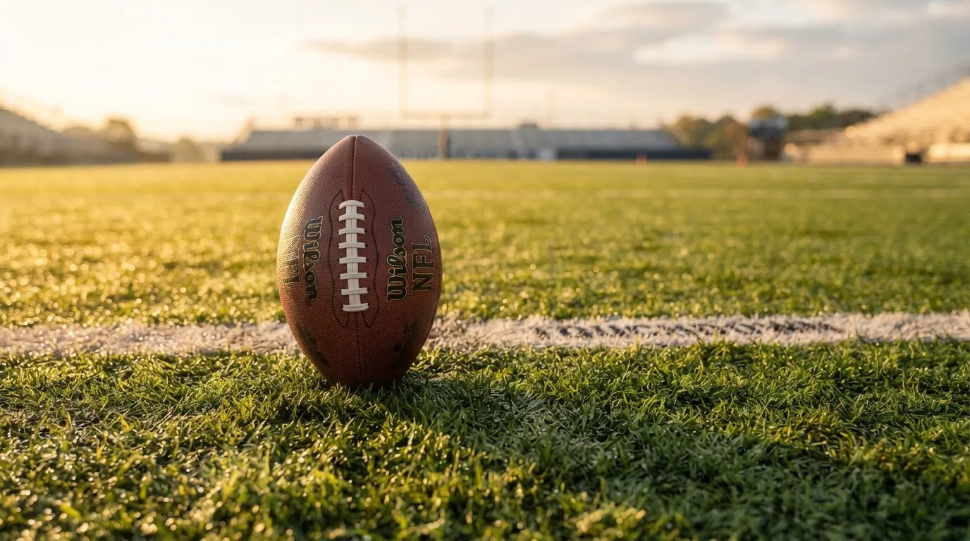 Ein ovaler Lederball mit heller Schnürung liegt auf dem Rasen vor der Endzone, Tau auf dem Gras im ersten Morgenlicht.