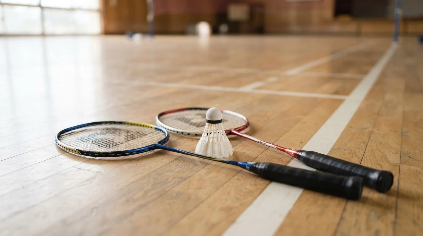 Zwei Badmintonschläger und ein Federball liegen auf einem Holzboden neben der Seitenlinie, weiches Licht fällt von der Seite ein.