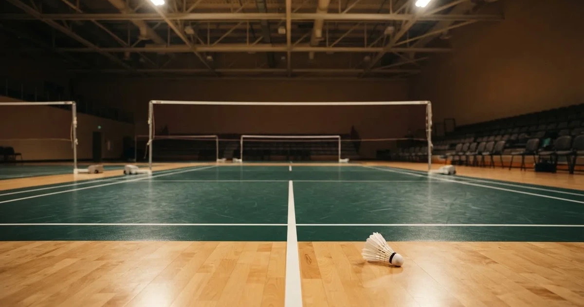 Eine leere Badmintonhalle mit gespanntem Netz und hellen Hallenlichtern, ein Federball liegt auf dem Hallenboden.