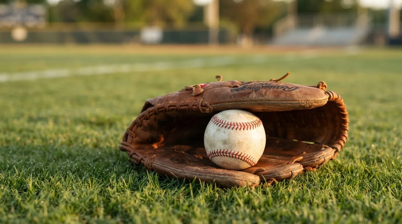 Ein weißer Baseball und ein Lederhandschuh liegen auf kurz geschnittenem Gras, im Hintergrund eine verschwommene Spielfeldbande.