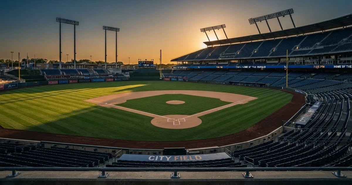 Ein Baseballfeld mit dem hellbraunen Infield und gepflegtem Rasen, von der Tribüne aus gesehen, die Ränge leer, tiefe Abendsonne.