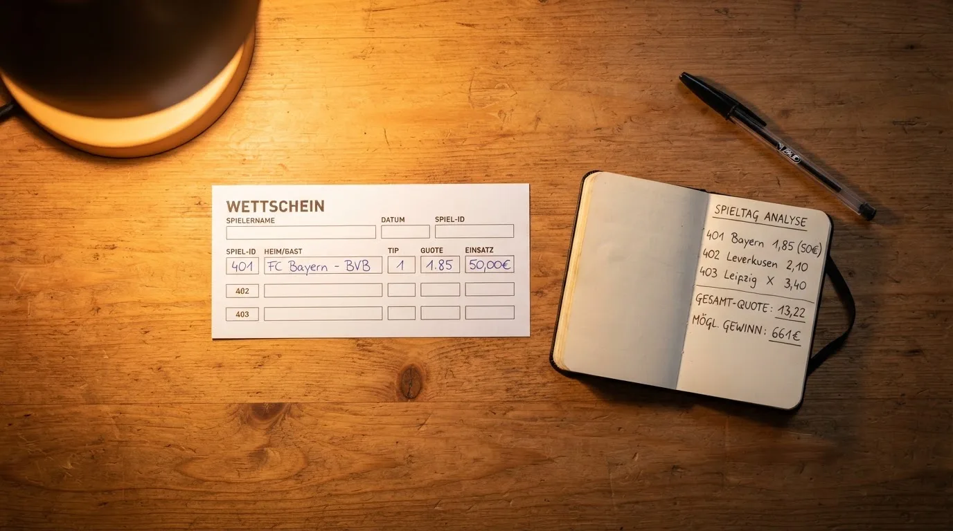 Ein leerer Papierwettschein, ein Kugelschreiber und ein Taschenrechner liegen auf einem Holztisch, warmes Licht einer Schreibtischlampe.