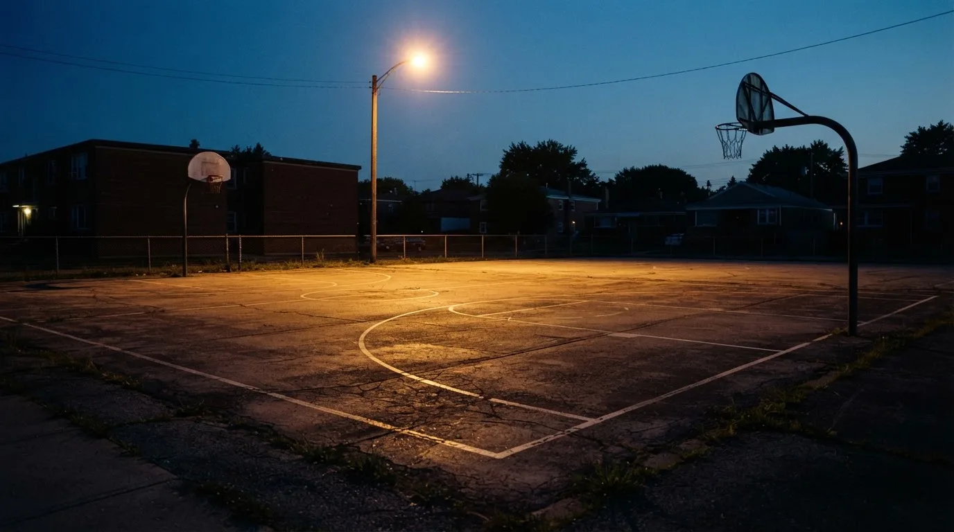 Ein Freiluft-Basketballplatz am Abend mit Asphalt, Linien und zwei Körben unter einer Straßenlaterne.