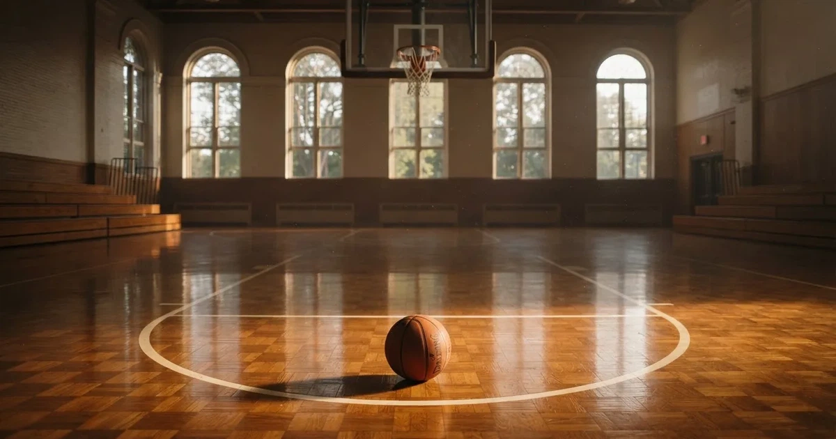 Ein Basketball liegt unter dem Korb auf dem Parkett einer leeren Sporthalle, Licht fällt durch hohe Fenster.