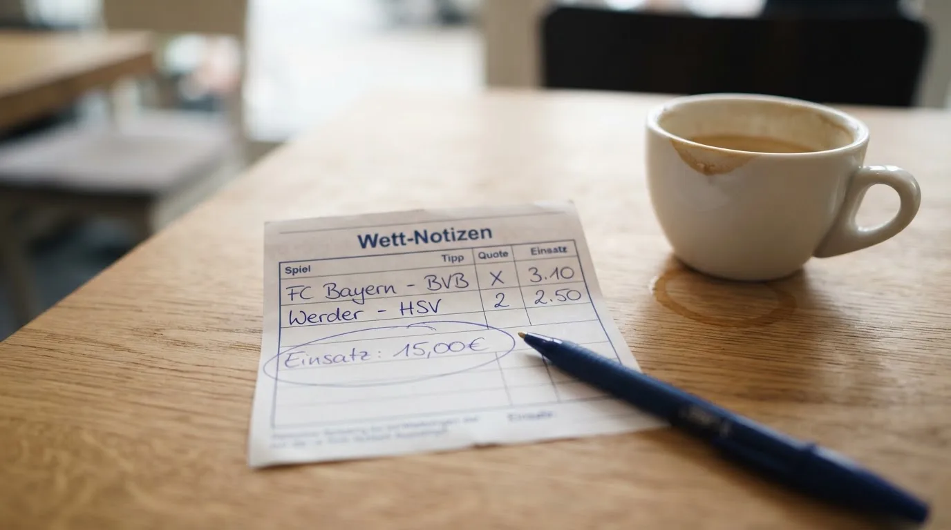 Ein leerer Wettschein aus Papier liegt neben einem Kugelschreiber und einer Tasse auf einem hellen Holztisch.