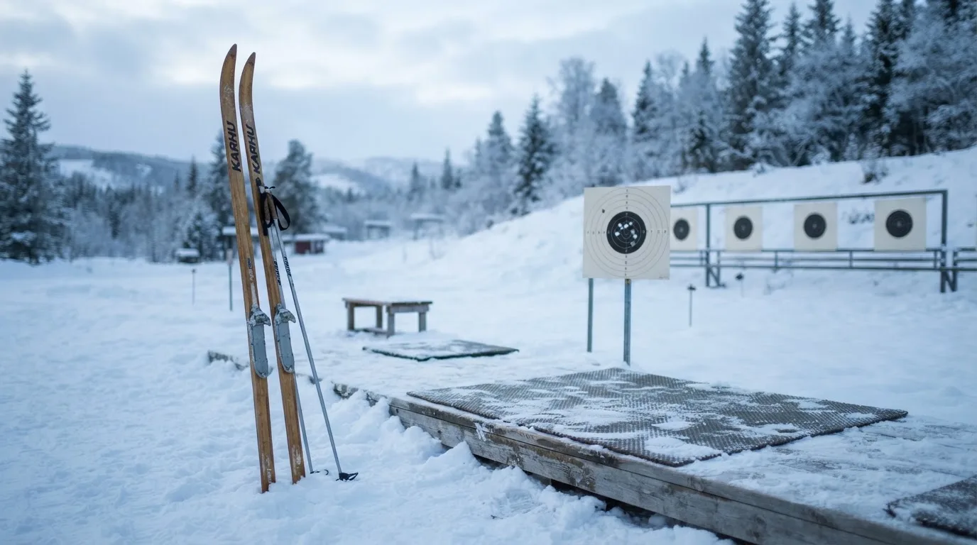 Ein Paar Langlaufskier steckt aufrecht im Schnee neben einem leeren Schießstand mit runden Zielscheiben, kaltes Winterlicht.