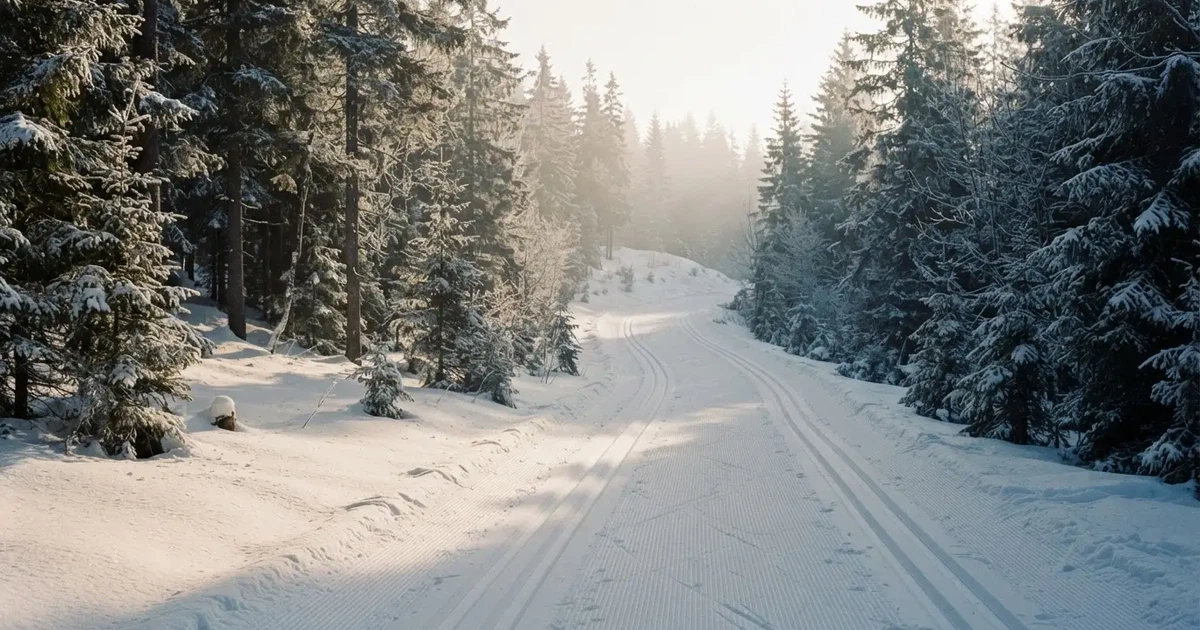 Eine verschneite Loipe zwischen Fichten im Morgenlicht, frische Spuren im Schnee, kein Mensch zu sehen.