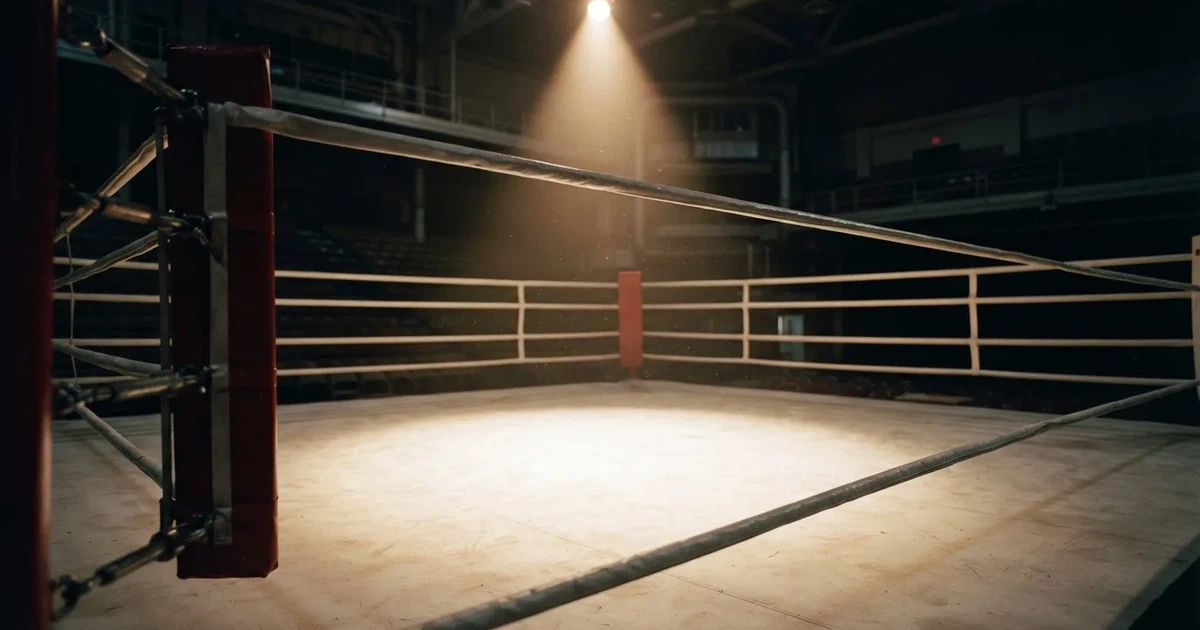 Ein Boxring mit gespannten Seilen in einer leeren Halle, ein einzelner Scheinwerfer leuchtet von oben auf die Ringmatte.