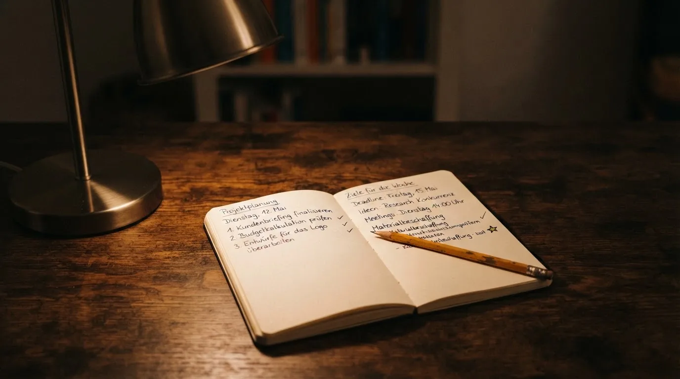Ein Notizbuch mit handschriftlichen Notizen und ein Bleistift liegen neben einer Tischlampe auf einem Schreibtisch, ruhiges Abendlicht.