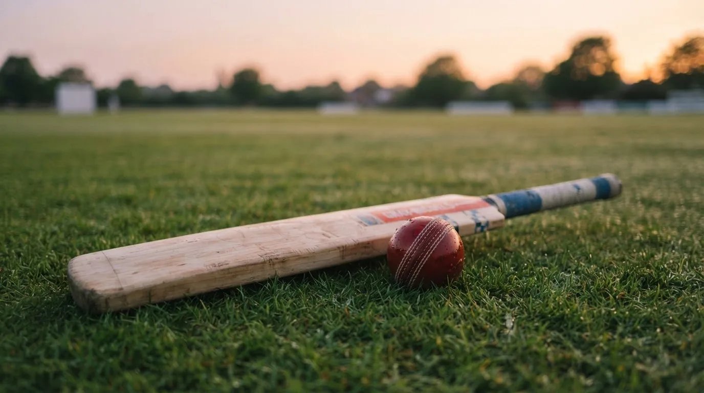 Ein Cricketschläger aus hellem Holz und ein roter Lederball liegen auf kurzem Rasen, weiches Abendlicht.