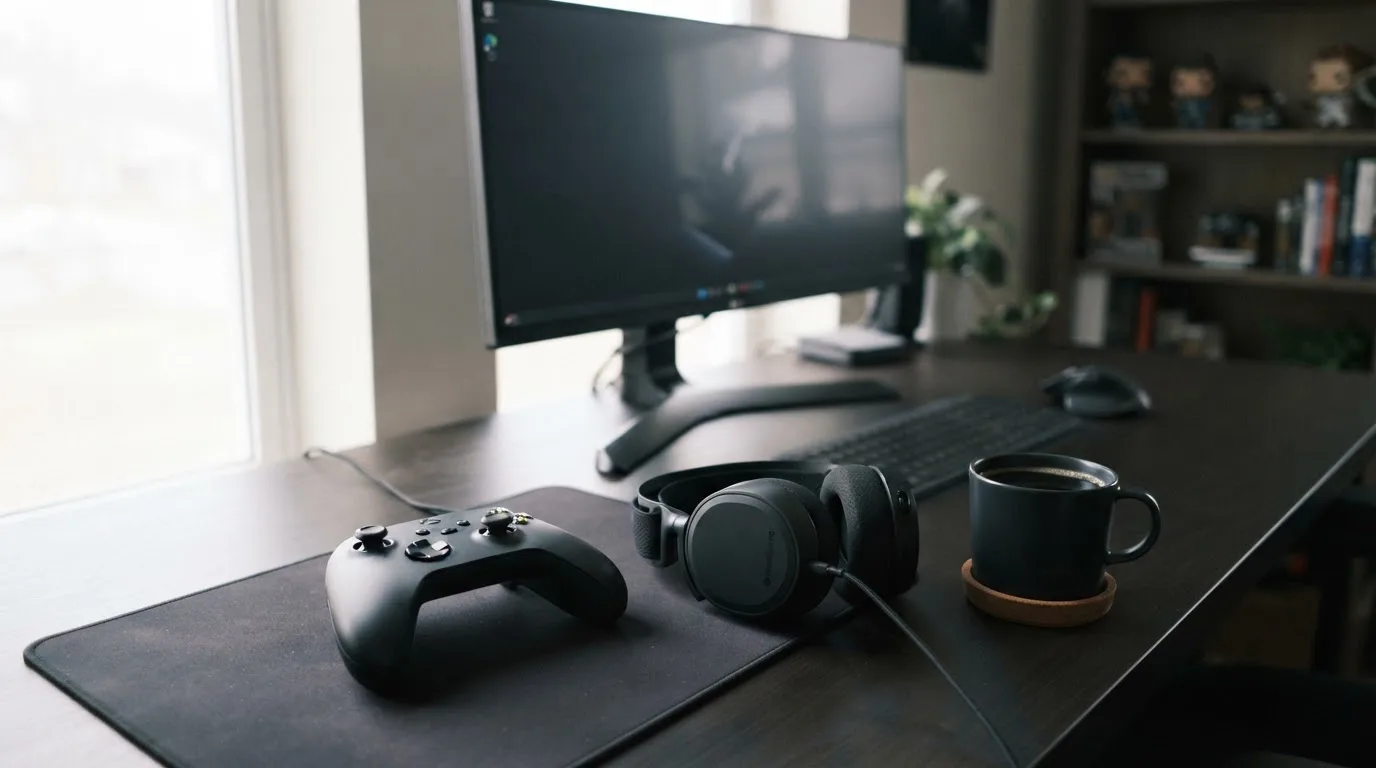Ein Gamepad und ein Headset liegen auf einem Schreibtisch neben einer Tasse, der Bildschirm im Hintergrund ist ausgeschaltet.