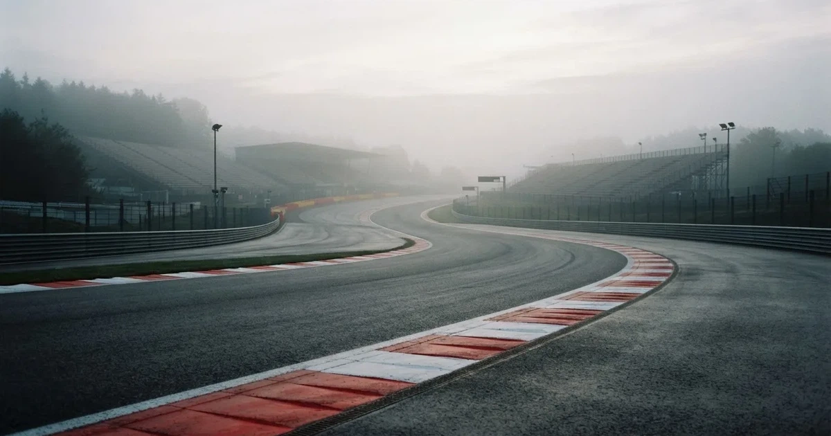 Eine leere Rennstrecke im Morgennebel, Asphalt mit rot-weißen Randsteinen, im Hintergrund Tribünen in der Ferne.