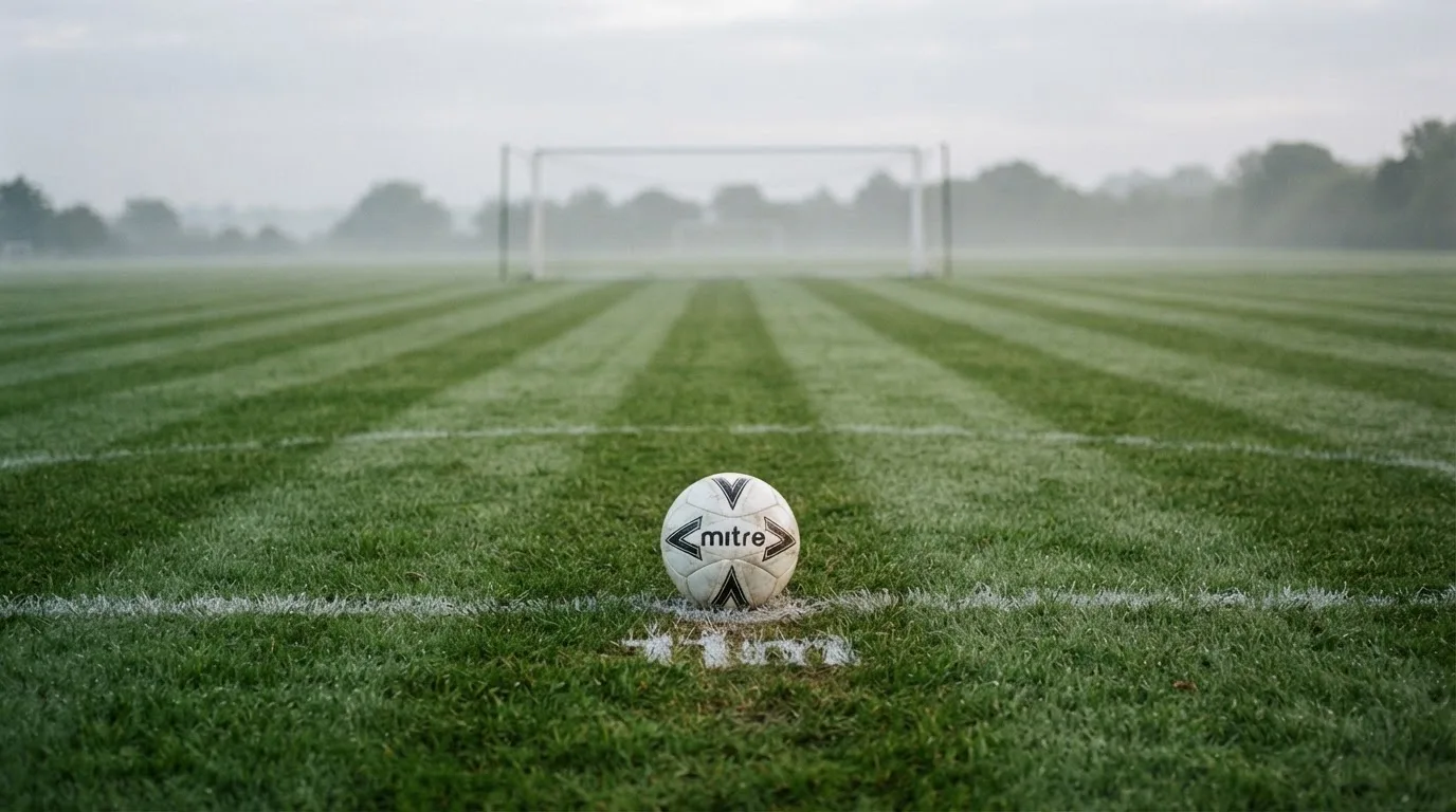 Ein Fußball liegt auf dem Elfmeterpunkt eines leeren Rasenplatzes, im Hintergrund unscharf ein Tor im Morgendunst.