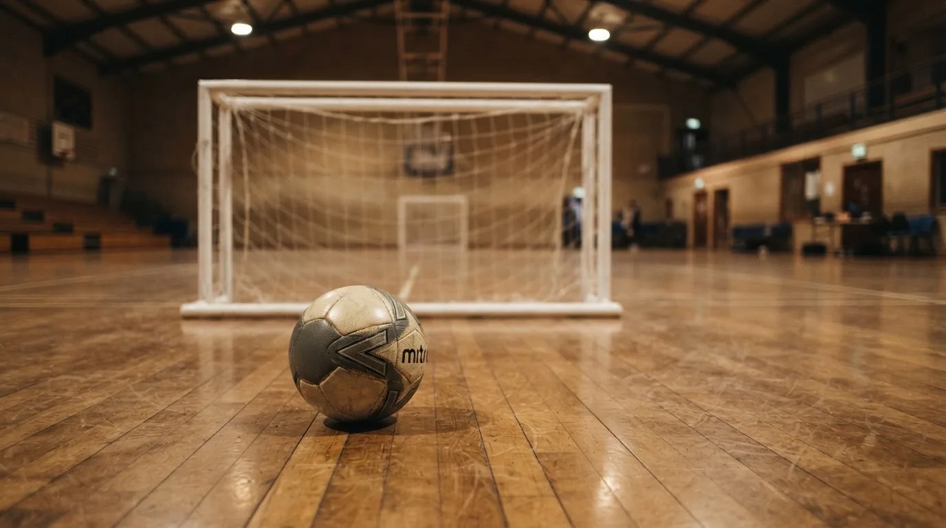 Ein kleiner schwerer Ball liegt in einer Halle auf dem Parkett vor einem Tor, warmes Licht aus den Deckenstrahlern.