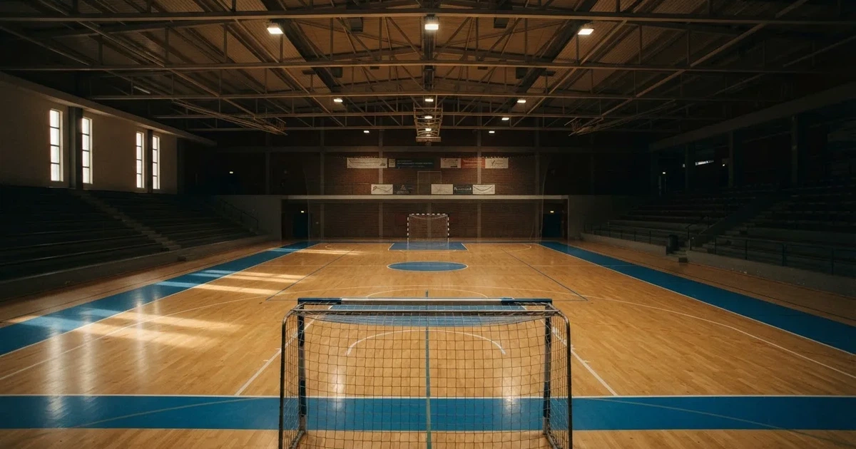 Eine leere Sporthalle mit hellem Hallenboden, kleinen Toren an beiden Enden und blauen Linien, Licht fällt von oben.
