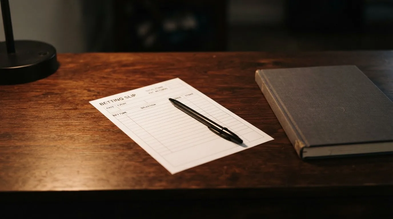 Ein leerer Papierwettschein und ein Kugelschreiber liegen auf einer glatten Schreibtischplatte neben einem Notizbuch.