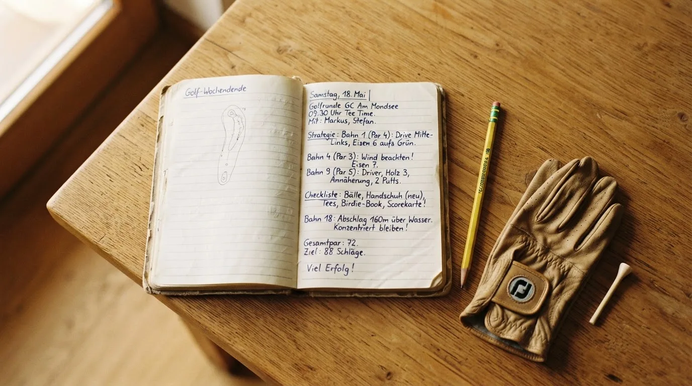 Ein Notizbuch mit handschriftlichen Notizen und ein Bleistift liegen neben einem Golfhandschuh und einem Tee auf einem Holztisch.