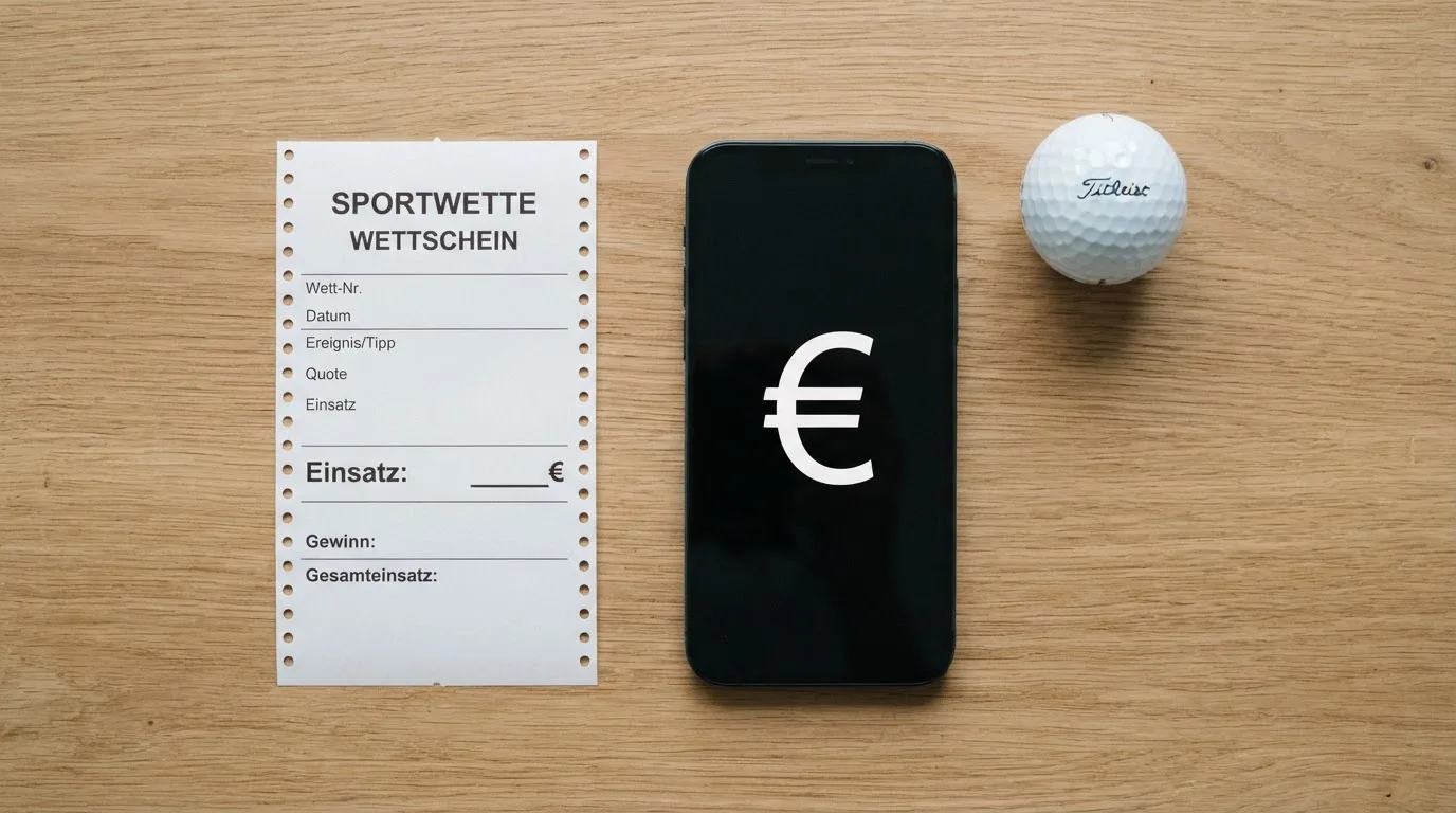 Ein leerer Wettschein aus Papier liegt neben einem Smartphone mit dunklem Display auf einem Tisch, daneben ein einzelner Golfball.