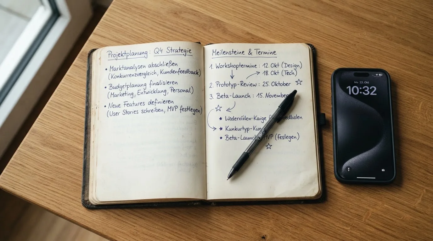 Ein Notizbuch mit handschriftlichen Notizen und ein Stift liegen auf einem Holztisch neben einem Smartphone mit dunklem Bildschirm.