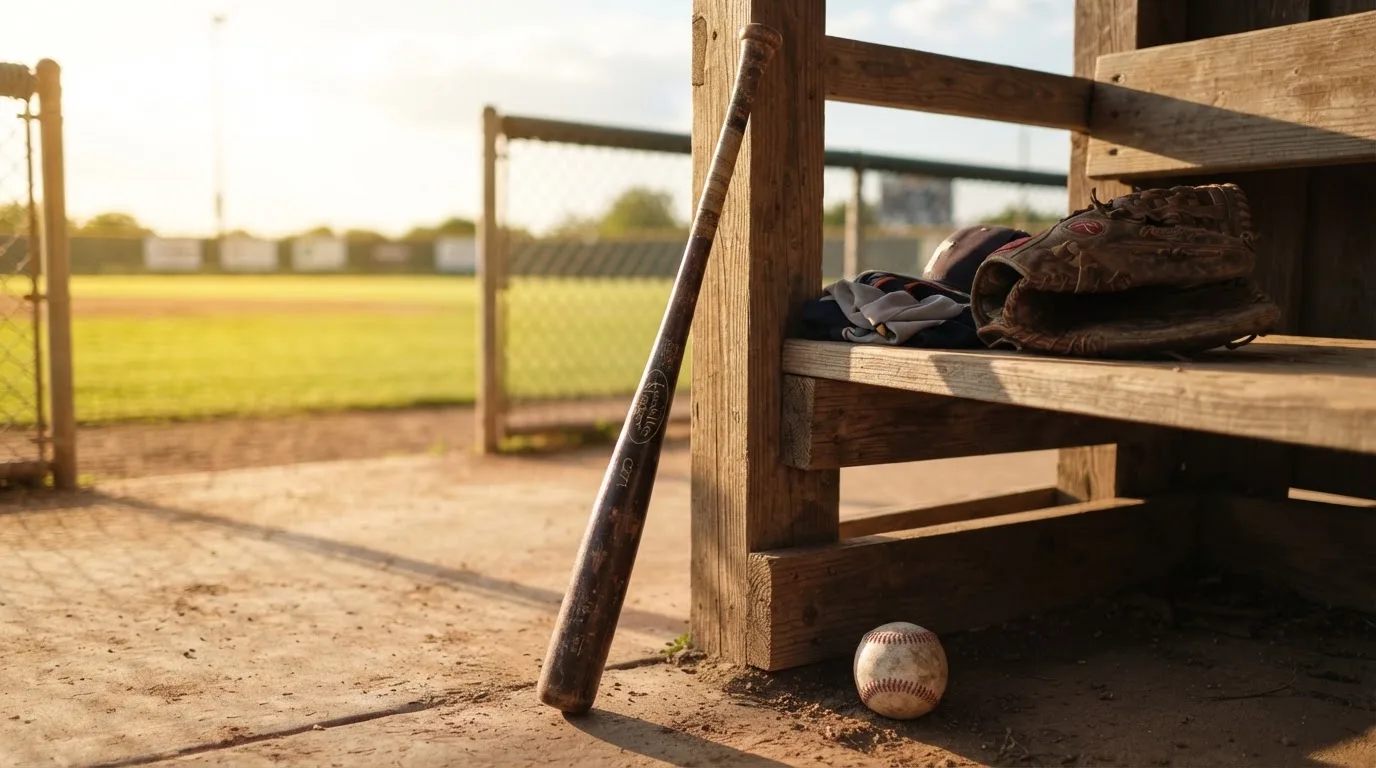 Ein Baseballschläger lehnt an einer Bank im Dugout, daneben liegen ein Handschuh und ein Ball im Licht der Nachmittagssonne.