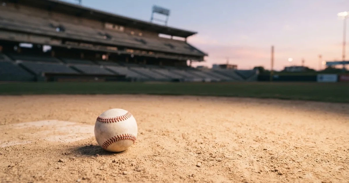 Ein Baseball liegt auf dem hellen Sand des Infields, im Hintergrund eine große Tribüne in der Abenddämmerung.