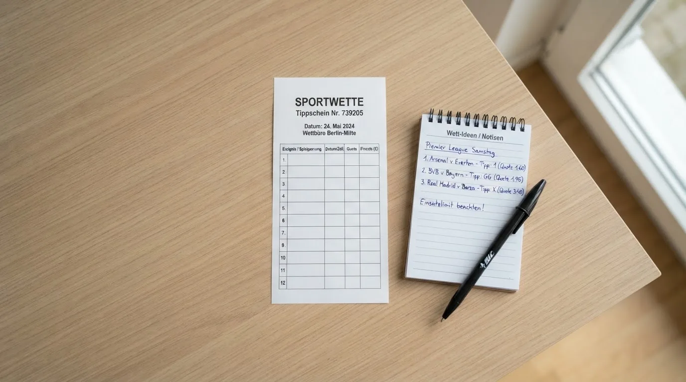 Ein leerer Wettschein aus Papier liegt neben einem Notizbuch und einem Stift auf einem aufgeräumten Schreibtisch.