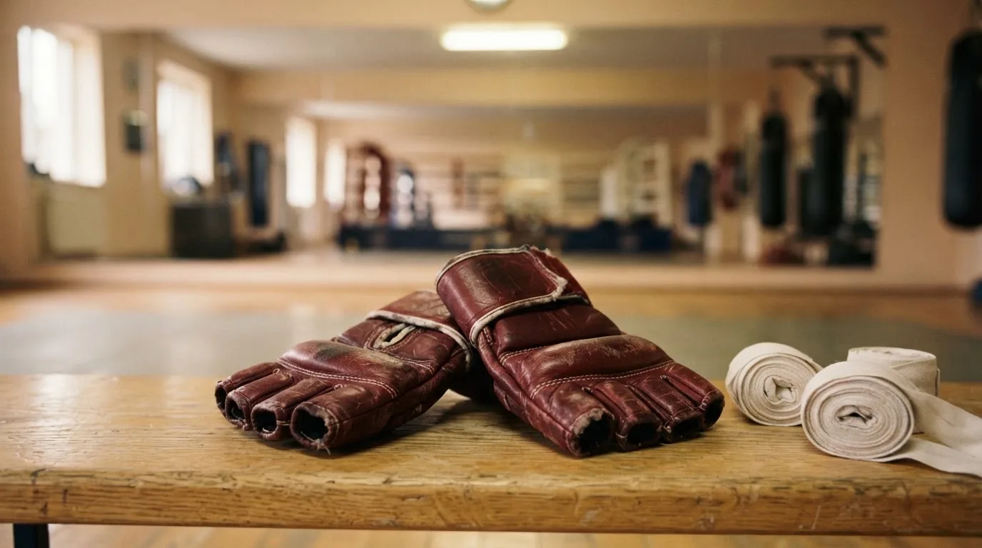 Ein Paar Kampfhandschuhe und eine Bandage liegen auf einer Holzbank in einem Trainingsraum mit Spiegelwand.
