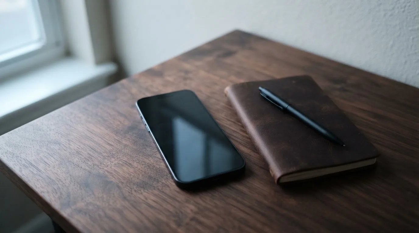 Ein Smartphone mit dunklem Display liegt neben einem Notizbuch und einem Kugelschreiber auf einem Tisch.