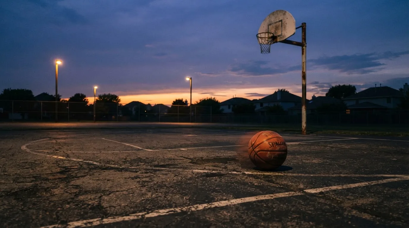 Ein Basketball rollt auf einem Freiluftplatz in der Abenddämmerung zu einem Korb, die Straßenlaternen leuchten bereits.