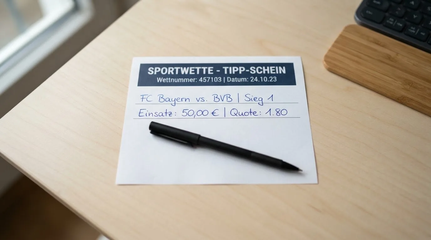 Ein leerer Wettschein aus Papier liegt neben einem Kugelschreiber auf einem Schreibtisch im Tageslicht.