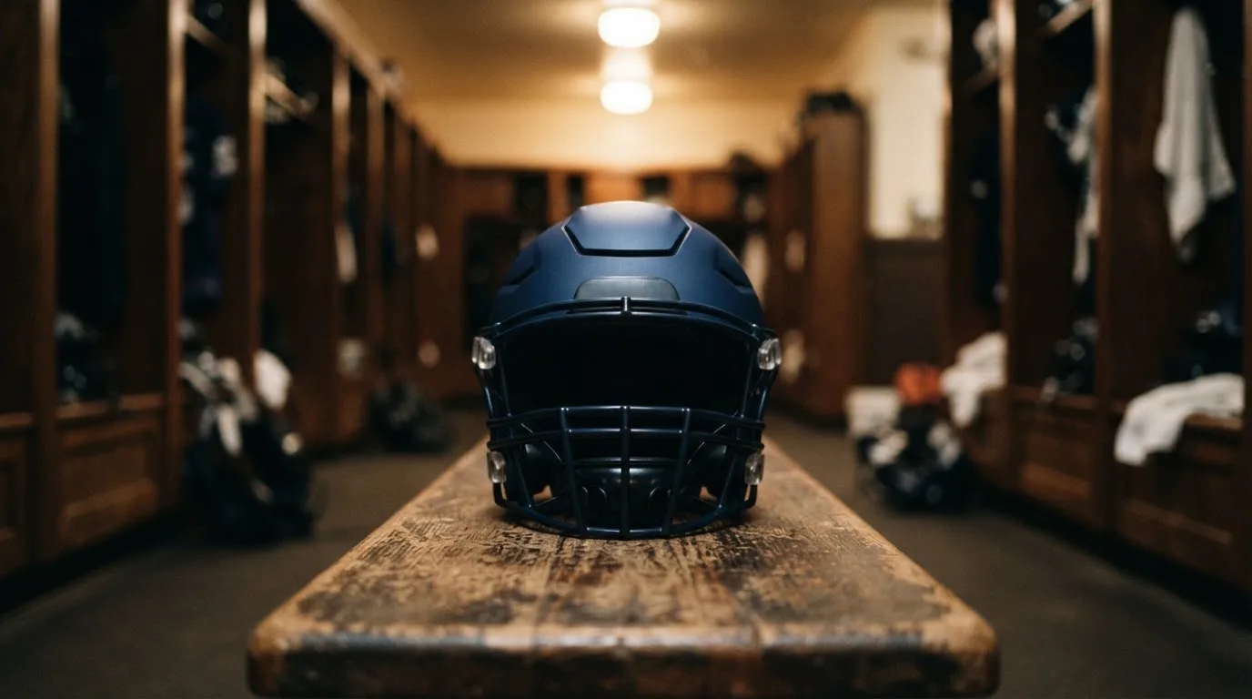 Ein neutraler Footballhelm ohne Aufdruck steht auf einer Holzbank in einer Umkleidekabine.