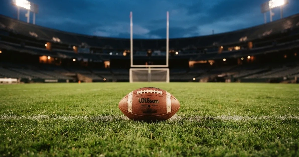Ein American Football liegt auf dem Rasen eines leeren Stadions unter Flutlicht, die Torstangen ragen im Hintergrund auf.