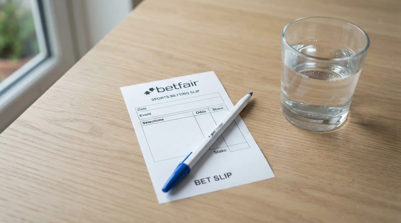 Ein leerer Wettschein aus Papier liegt neben einem Stift auf einem Tisch, daneben ein Glas Wasser.
