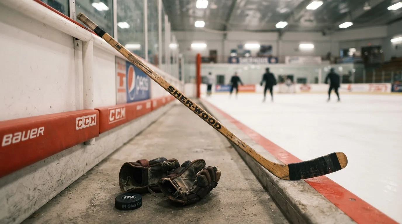 Ein Eishockeyschläger lehnt an einer Bande, daneben liegen ein Puck und ein Paar Handschuhe in einer Eishalle.