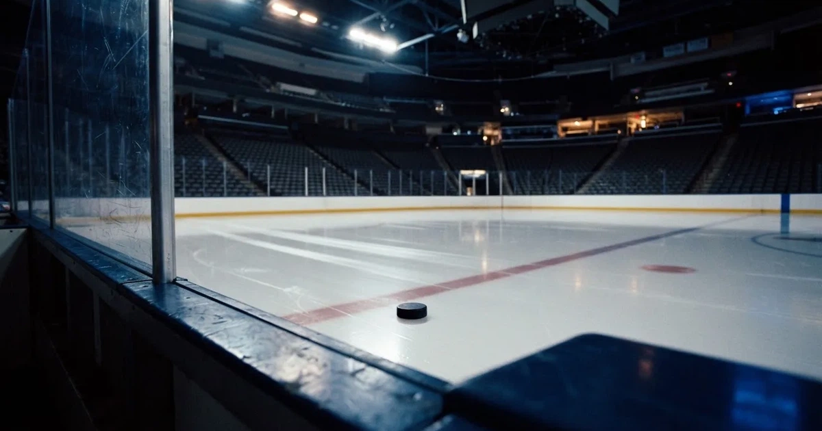 Eine leere Eisfläche in einer Halle mit Banden und Flutlicht, auf dem Eis liegt ein einzelner Puck.