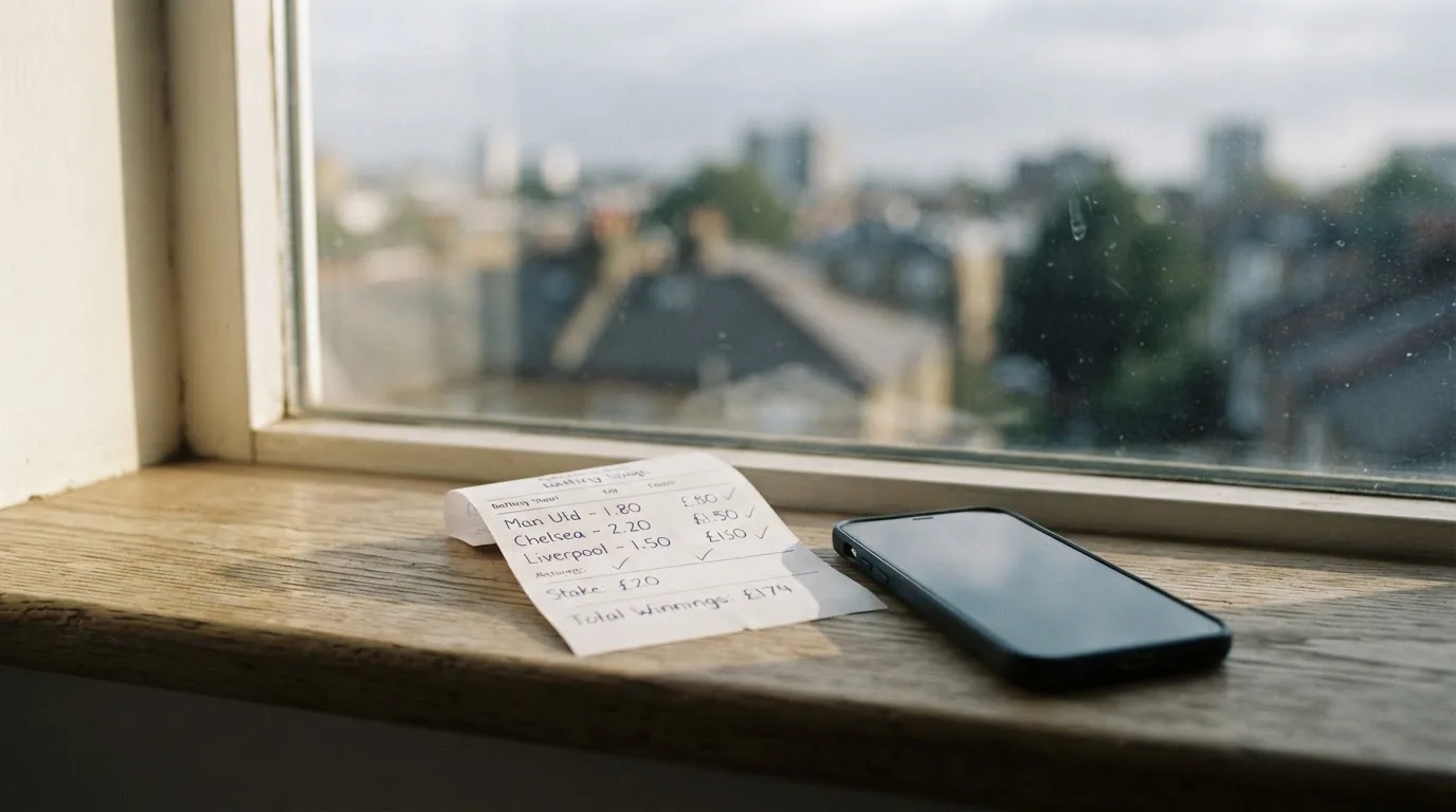 Ein leerer Wettschein aus Papier und ein Smartphone mit dunklem Display liegen auf einer Fensterbank im Tageslicht.