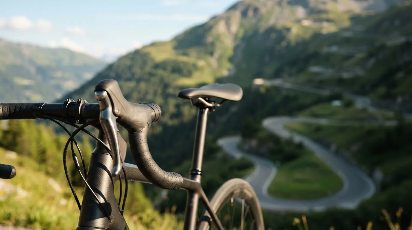 Ein Rennradlenker mit Sattel aus der Nähe, im Hintergrund unscharf eine Bergstraße mit Serpentinen.