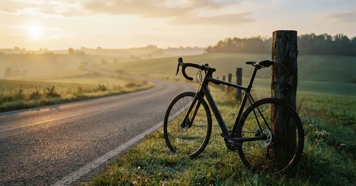 Eine Landstraße zwischen Feldern im Morgenlicht, am Straßenrand lehnt ein Rennrad ohne Aufschrift an einem Pfosten.