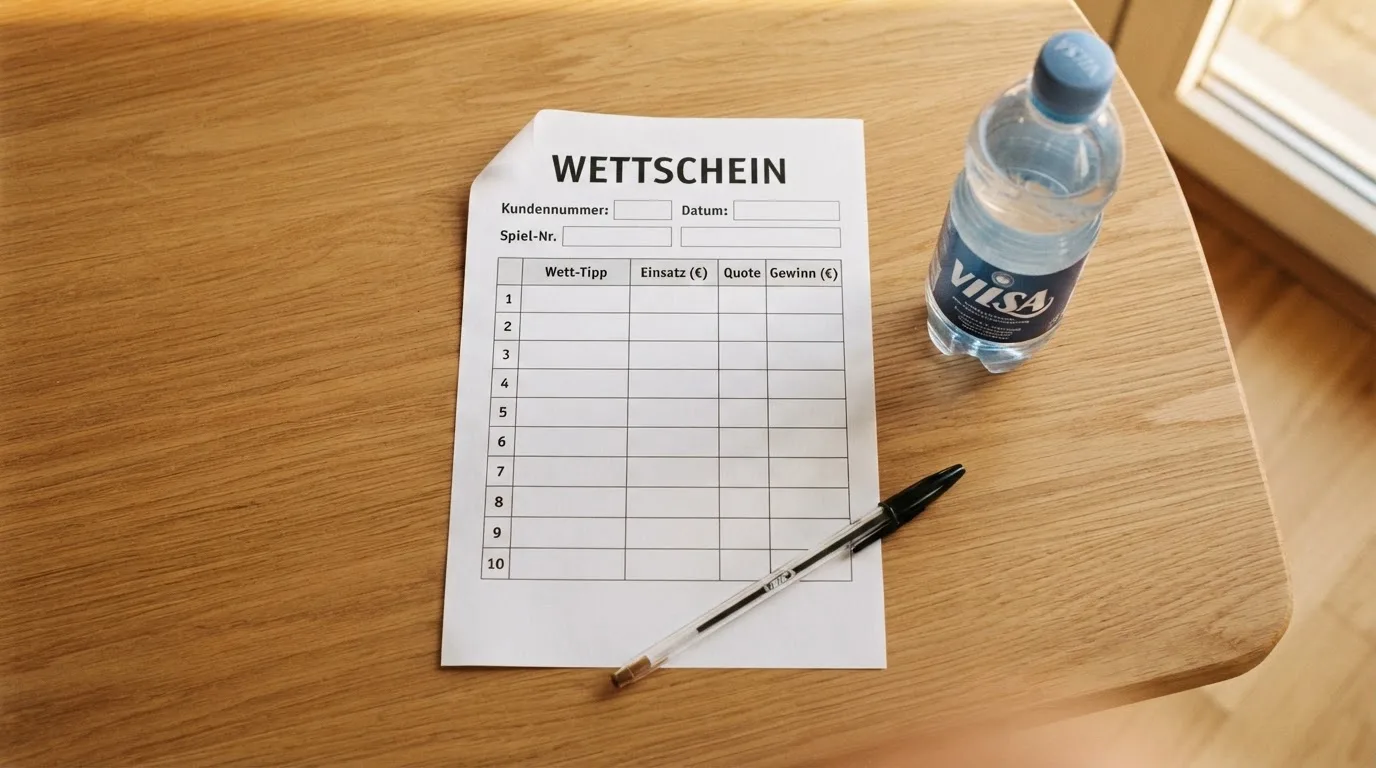Ein leerer Wettschein aus Papier liegt neben einer Trinkflasche und einem Stift auf einem Tisch.