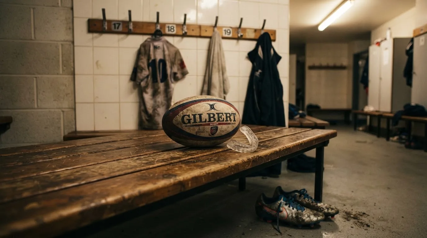 Ein Rugbyball und ein Mundschutz liegen auf einer Holzbank neben einer Reihe Kleiderhaken in einer Umkleide.