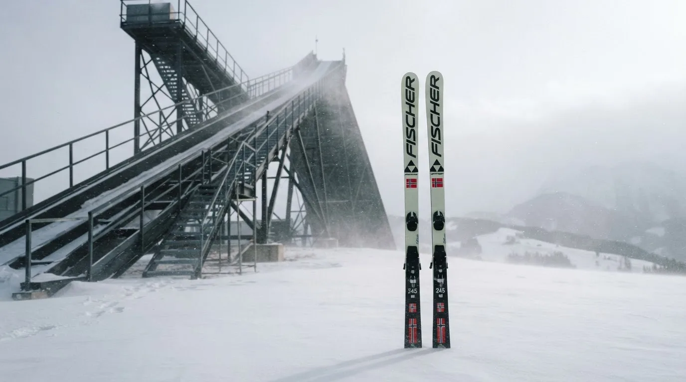 Ein Paar Skier steckt aufrecht im Schnee neben einem Anlaufturm, im Hintergrund wirbelt feiner Schnee im Wind.