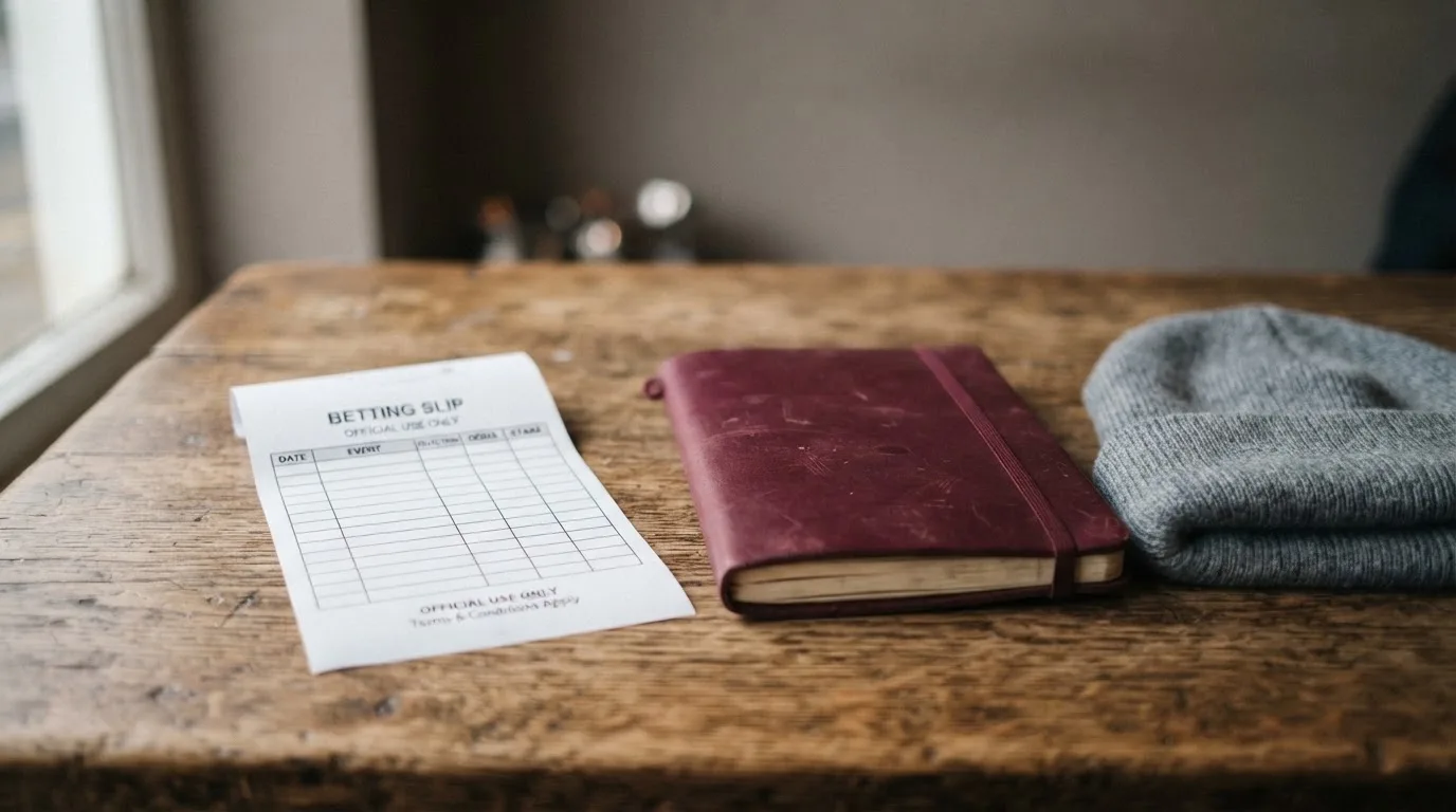 Ein leerer Wettschein aus Papier und ein Notizbuch liegen neben einer Wollmütze auf einem Holztisch.