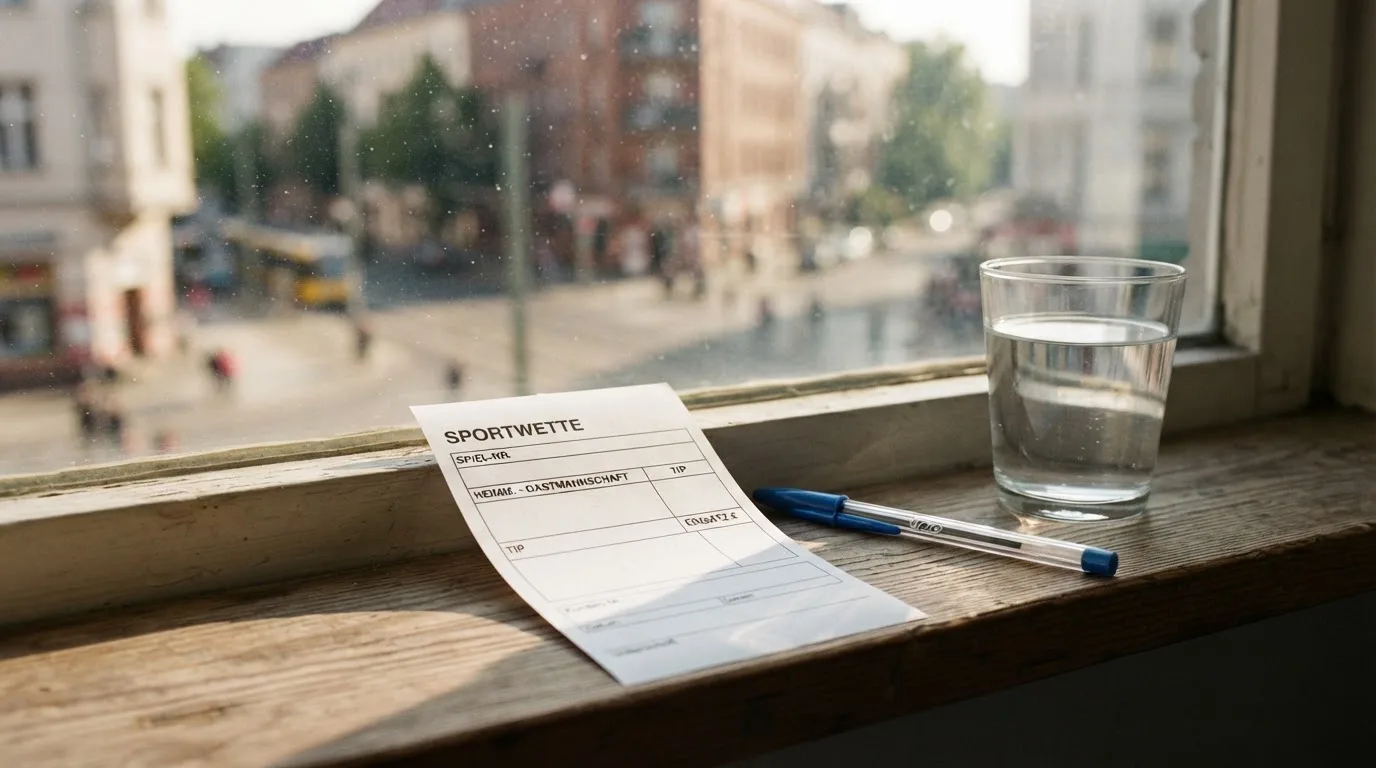 Ein leerer Wettschein aus Papier und ein Kugelschreiber liegen neben einem Glas Wasser auf einer Fensterbank.