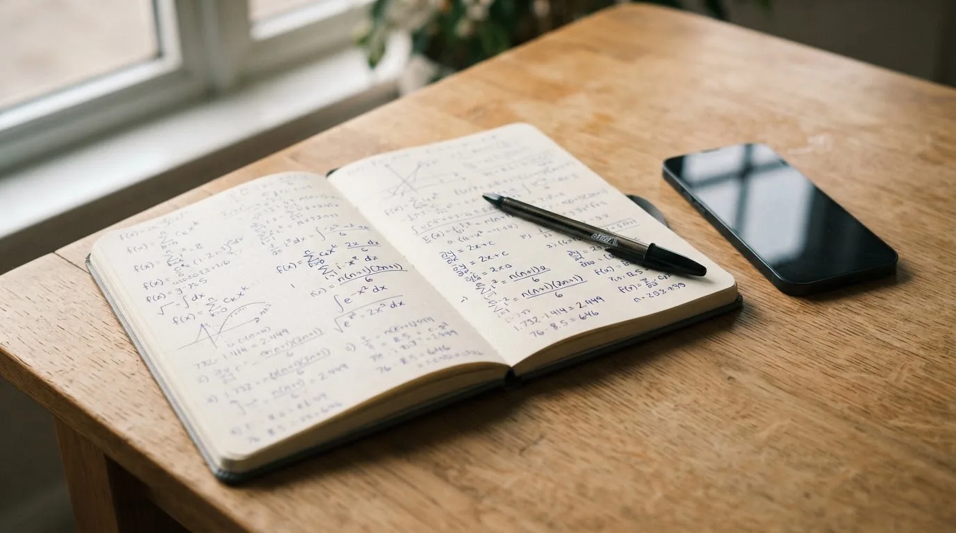 Ein aufgeschlagenes Notizbuch mit handschriftlichen Rechnungen liegt neben Stift und Smartphone auf einem Holztisch im Tageslicht.