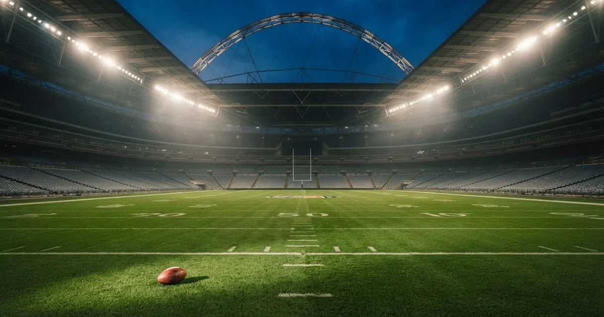 Ein Footballstadion bei Flutlicht aus der Ferne gesehen, davor ein leerer Rasen mit Yard-Linien und ein ovaler Ball am Spielfeldrand.